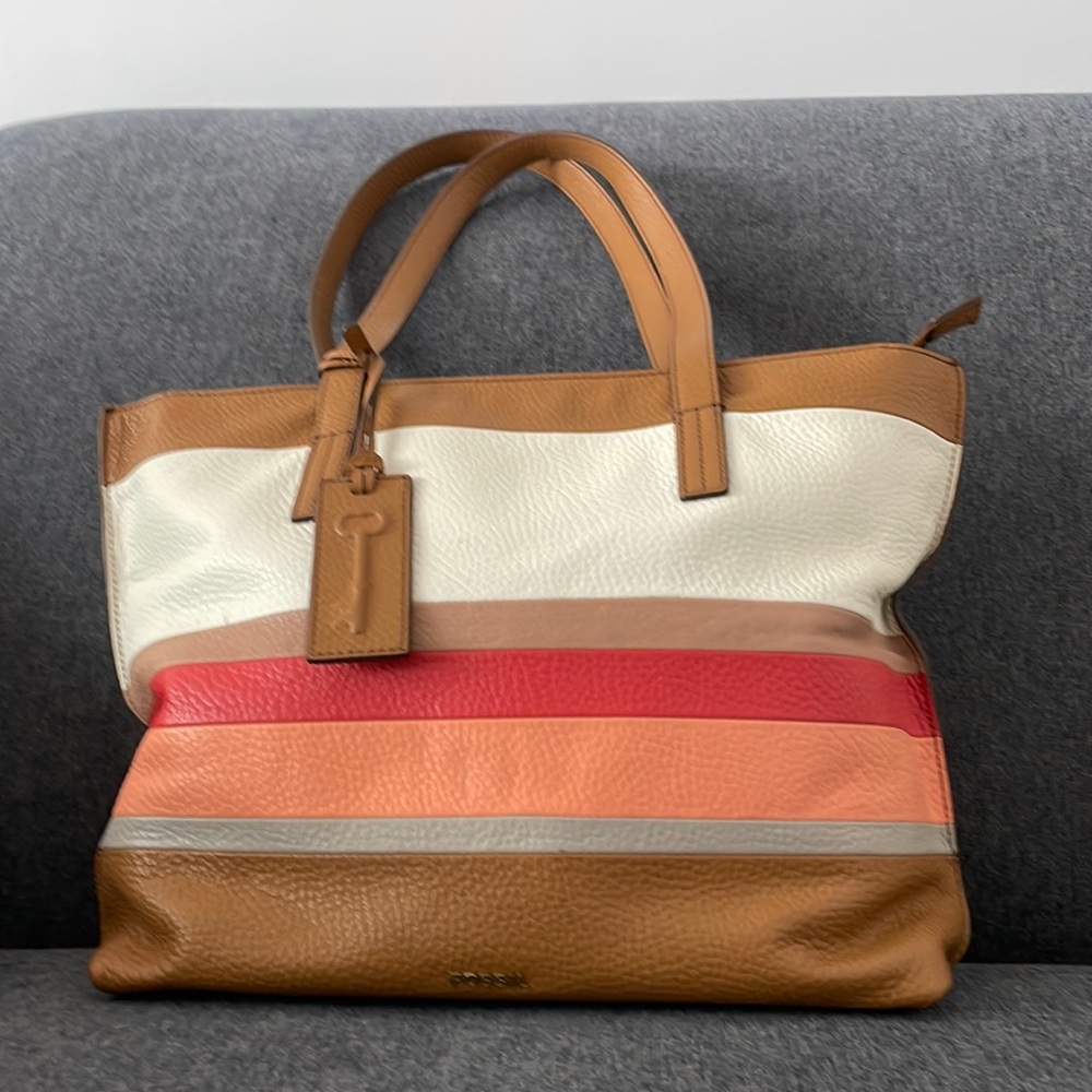 FOSSIL large leather striped shoulder bag